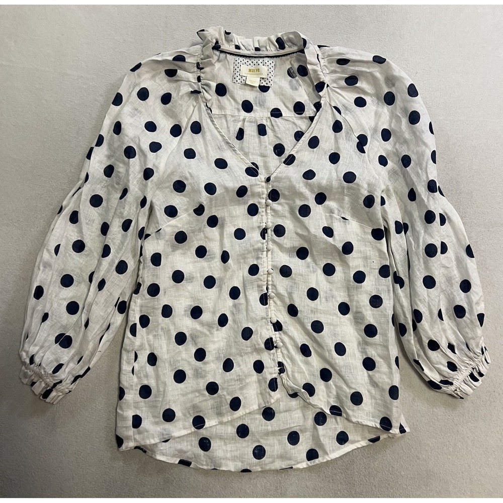 Anthropologie Maeve Audie Linen Small Puff-Sleeve White Blouse Polka Dot Top